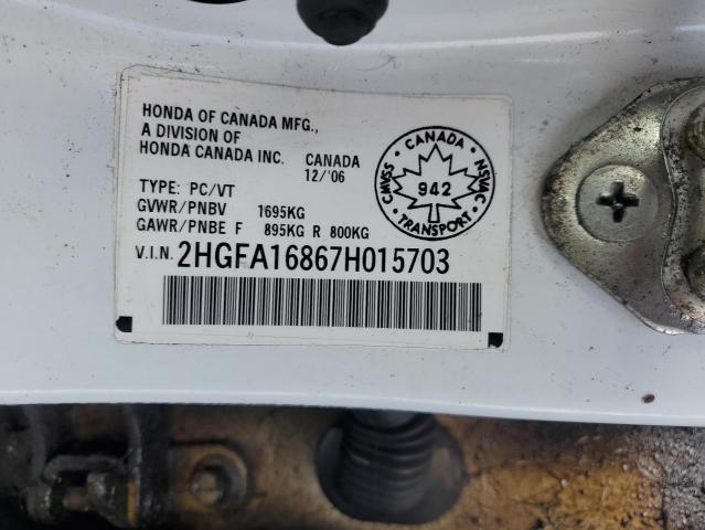 2HGFA16867H015703 - 2007 HONDA CIVIC EX WHITE photo 12