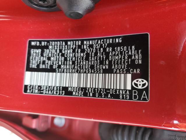 5YFBURHE7HP694558 - 2017 TOYOTA COROLLA L RED photo 12