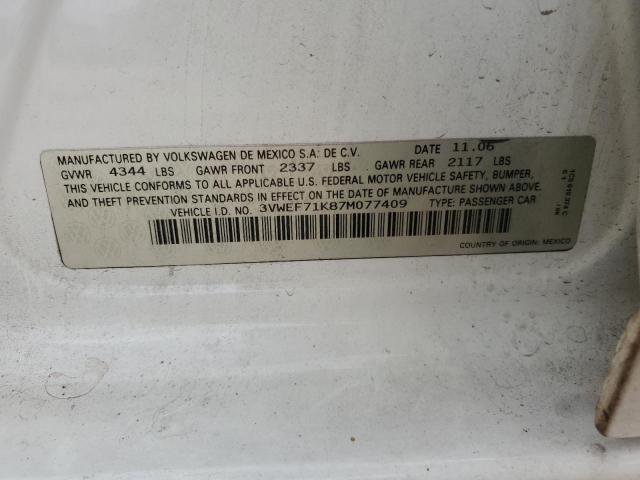 3VWEF71K87M077409 - 2007 VOLKSWAGEN JETTA WOLFSBURG თეთრი ფოტო 12