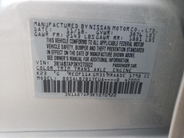 3N1AB7AP3KY270922 - 2019 NISSAN SENTRA S SILVER photo 13