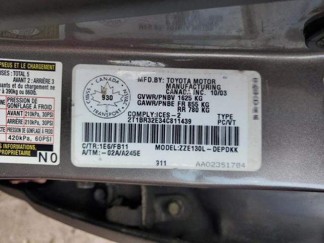 2T1BR32E34C811439 - 2004 TOYOTA COROLLA CE GRAY photo 12