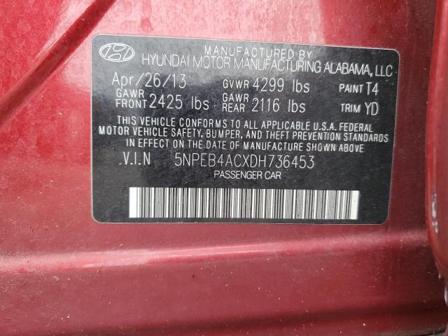 5NPEB4ACXDH736453 - 2013 HYUNDAI SONATA GLS RED photo 12