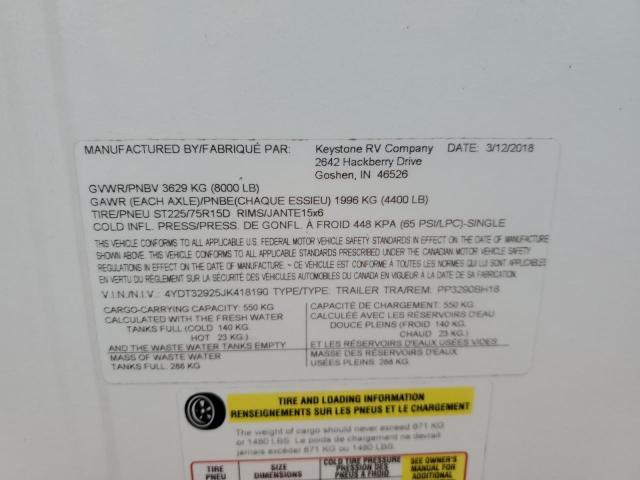 4YDT32925JK418190 - 2018 KEYSTONE PASSPORT CREAM photo 10