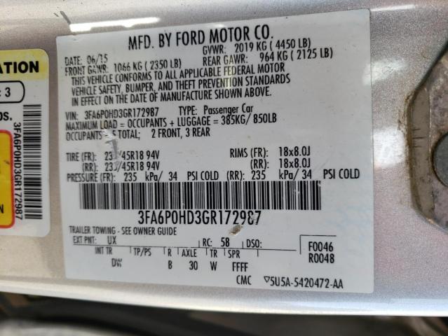 3FA6P0HD3GR172987 - 2016 FORD FUSION SE SILVER photo 12