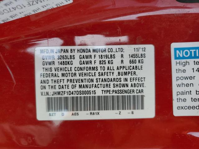 JHMZF1D47DS000515 - 2013 HONDA CR-Z RED photo 12