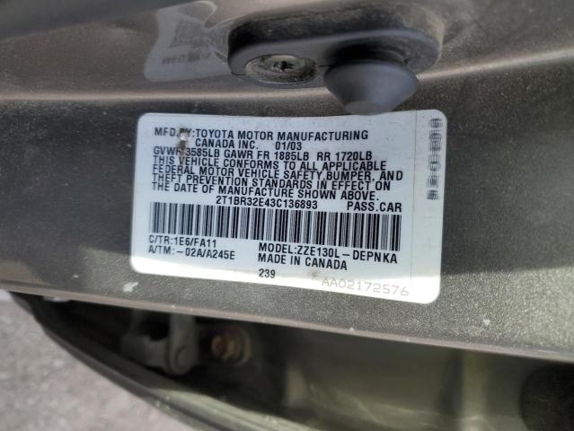 2T1BR32E43C136893 - 2003 TOYOTA COROLLA CE CHARCOAL photo 12