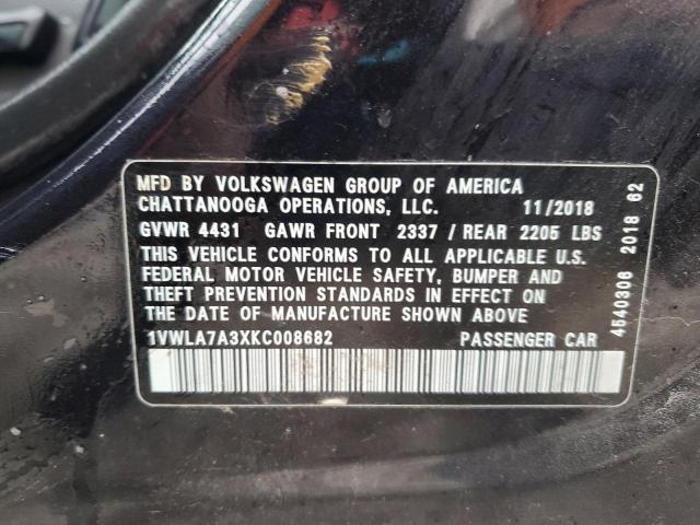 1VWLA7A3XKC008682 - 2019 VOLKSWAGEN PASSAT WOLFSBURG BLACK photo 12