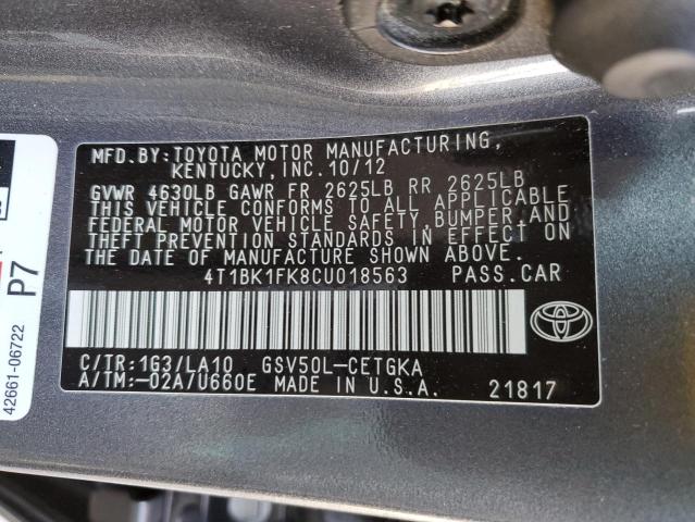 4T1BK1FK8CU018563 - 2012 TOYOTA CAMRY SE GRAY photo 12