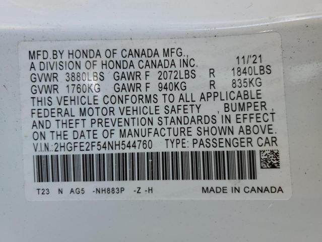 2HGFE2F54NH544760 - 2022 HONDA CIVIC SPORT WHITE photo 12