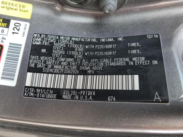 5TDYK3DC7FS562924 - 2015 TOYOTA SIENNA XLE GRAY photo 14