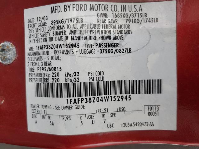 1FAFP38Z04W152945 - 2004 FORD FOCUS ZTS RED photo 12