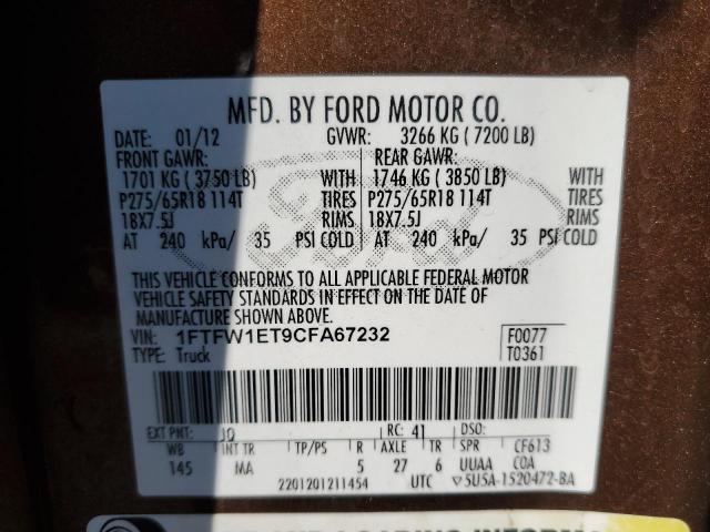 1FTFW1ET9CFA67232 - 2012 FORD F150 SUPERCREW BROWN photo 12