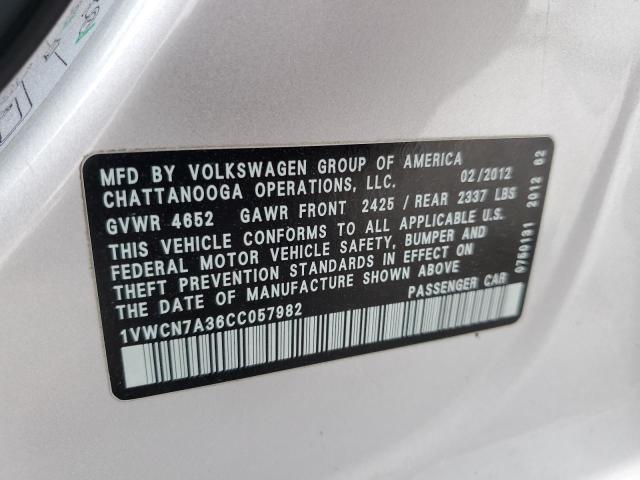 1VWCN7A36CC057982 - 2012 VOLKSWAGEN PASSAT SEL SILVER photo 13