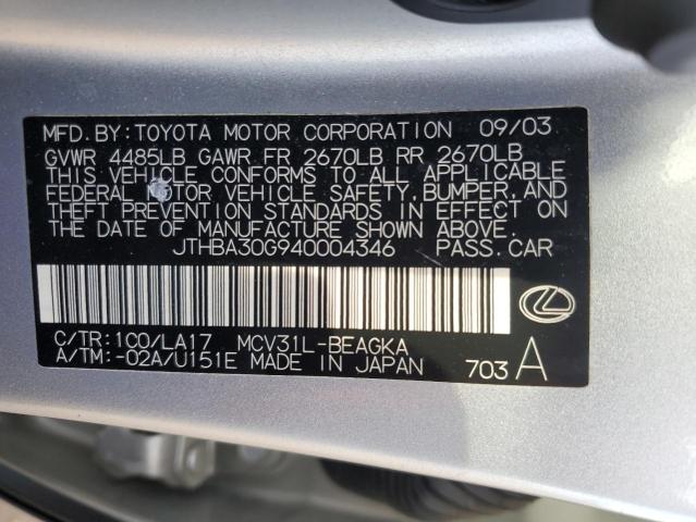 JTHBA30G940004346 - 2004 LEXUS ES 330 SILVER photo 12