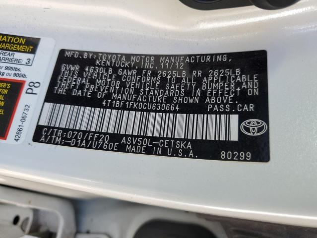 4T1BF1FK0CU630664 - 2012 TOYOTA CAMRY BASE WHITE photo 12