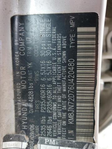 KM8JN72D76U420480 - 2006 HYUNDAI TUCSON GLS SILVER photo 13