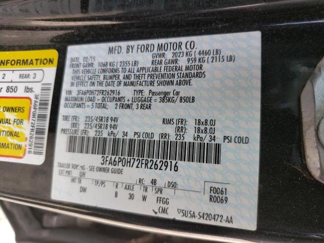 3FA6P0H72FR262916 - 2015 FORD FUSION SE BLACK photo 10