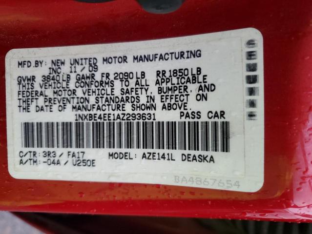 1NXBE4EE1AZ293631 - 2010 TOYOTA COROLLA XRS RED photo 12