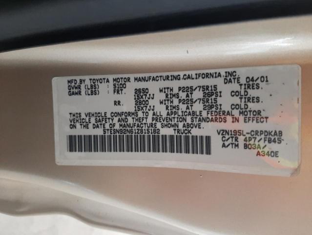 5TESN92N61Z815182 - 2001 TOYOTA TACOMA XTRACAB PRERUNNER თაფლისფერი ფოტო 12