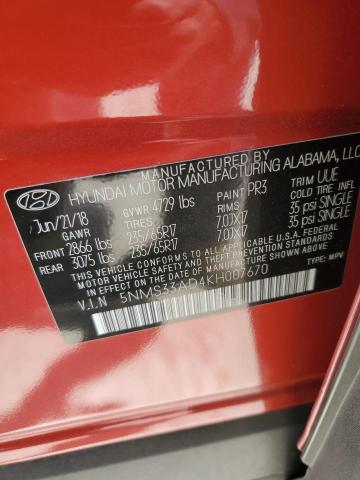 5NMS33AD4KH007670 - 2019 HYUNDAI SANTA FE SEL Կարմիր լուսանկար 14