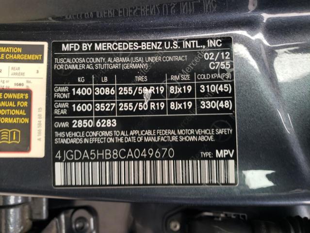 4JGDA5HB8CA049670 - 2012 MERCEDES-BENZ ML 350 4MATIC CHARCOAL photo 12