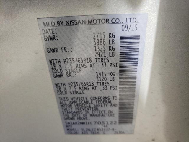 5N1AR2MM1FC705122 - 2015 NISSAN PATHFINDER S 银色 照片 10