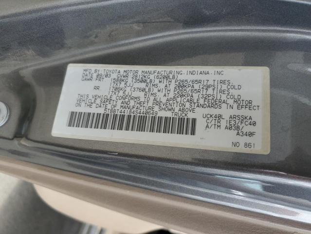 5TBBT44184S440649 - 2004 TOYOTA TUNDRA ACCESS CAB SR5 GRAY photo 12