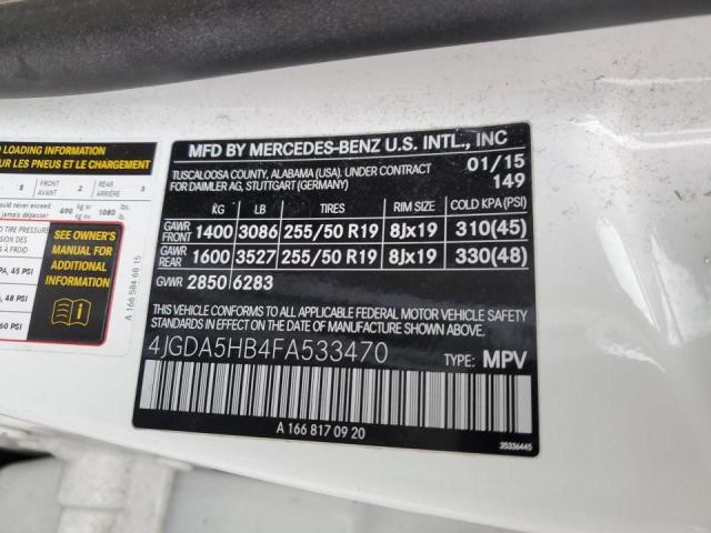 4JGDA5HB4FA533470 - 2015 MERCEDES-BENZ ML 350 4MATIC WHITE photo 13