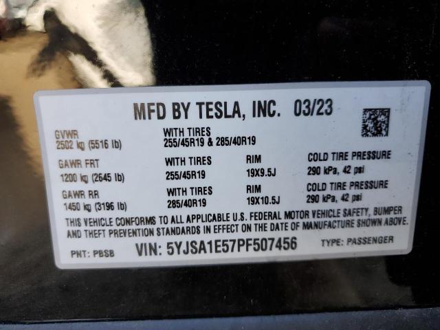 5YJSA1E57PF507456 - 2023 TESLA MODEL S BLACK photo 12