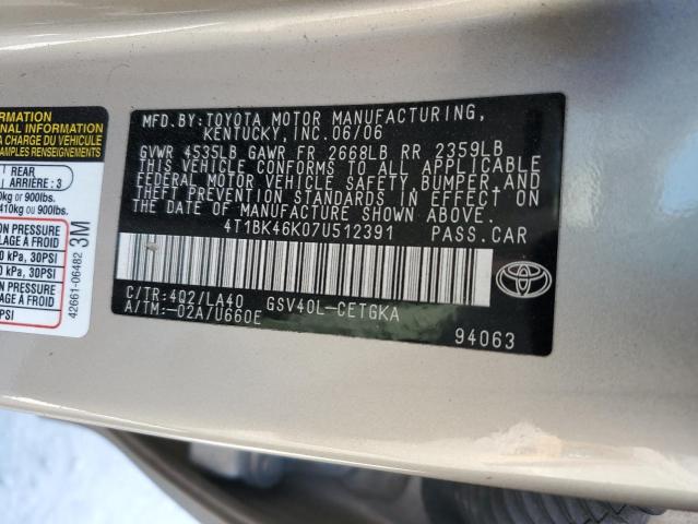 4T1BK46K07U512391 - 2007 TOYOTA CAMRY LE TAN photo 12