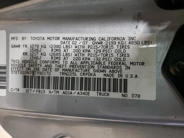 5TETX22N37Z392172 - 2007 TOYOTA TACOMA ACCESS CAB SILVER photo 12