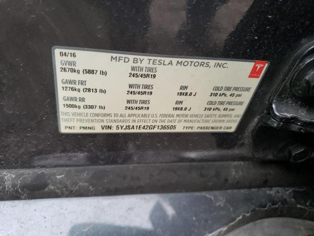 5YJSA1E42GF136505 - 2016 TESLA MODEL S Մոխրագույն լուսանկար 12