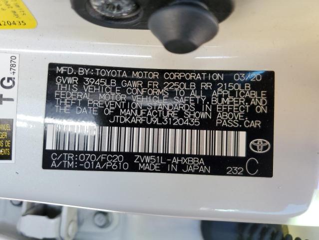 JTDKARFU9L3120435 - 2020 TOYOTA PRIUS L WHITE photo 12