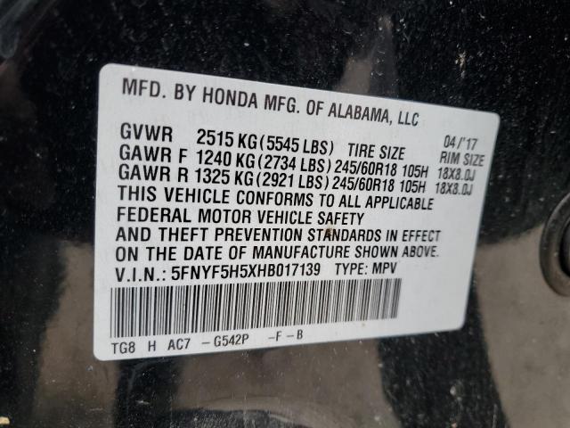 5FNYF5H5XHB017139 - 2017 HONDA PILOT EXL BLACK photo 12