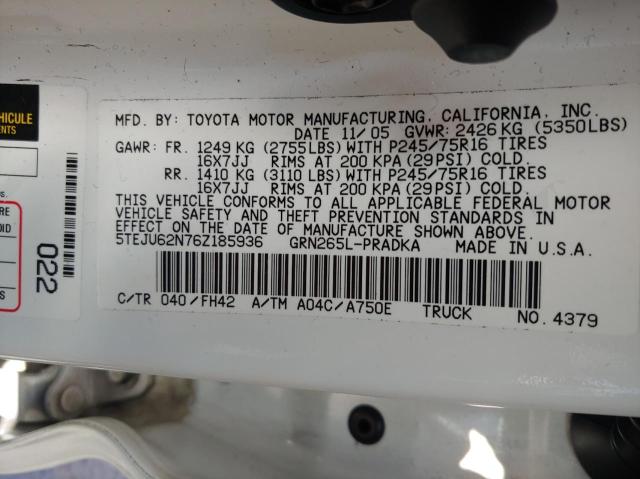 5TEJU62N76Z185936 - 2006 TOYOTA TACOMA DOUBLE CAB PRERUNNER WHITE photo 10