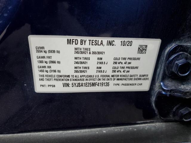 5YJSA1E25MF419135 - 2021 TESLA MODEL S Կապույտ լուսանկար 12