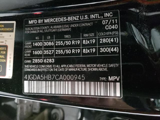 4JGDA5HB7CA000945 - 2012 MERCEDES-BENZ ML 350 4MATIC BLACK photo 13
