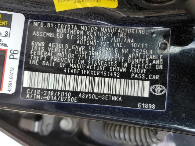 4T4BF1FKXCR161492 - 2012 TOYOTA CAMRY BASE BLACK photo 13