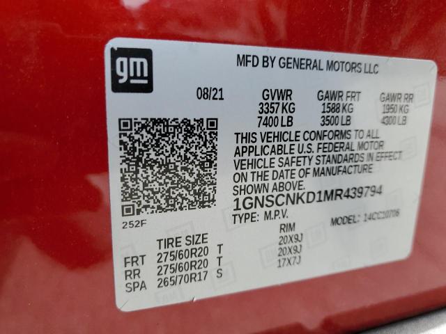 1GNSCNKD1MR439794 - 2021 CHEVROLET TAHOE C1500 LT RED photo 13