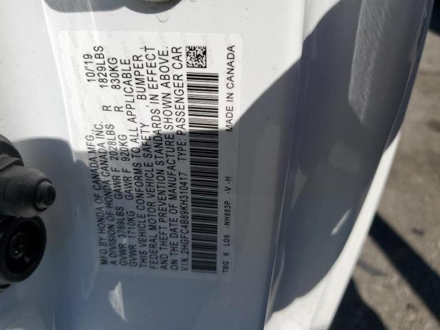 2HGFC4B89KH310417 - 2019 HONDA CIVIC SPORT 白色 照片 13