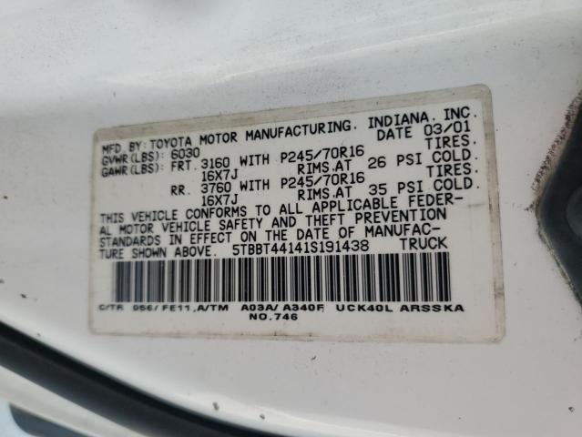 5TBBT44141S191438 - 2001 TOYOTA TUNDRA ACCESS CAB თეთრი ფოტო 12