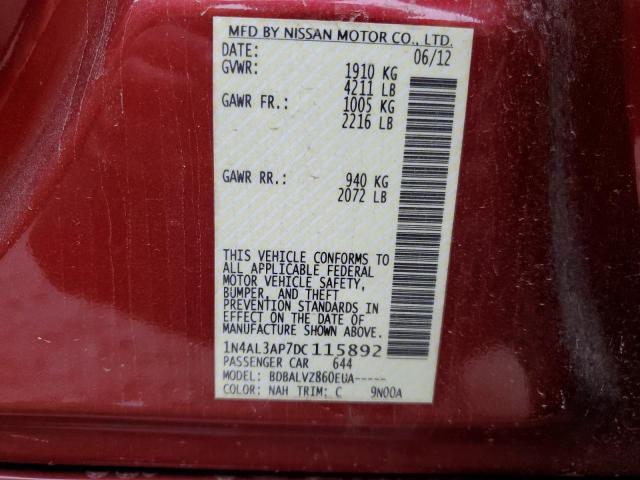 1N4AL3AP7DC115892 - 2013 NISSAN ALTIMA 2.5 RED photo 12