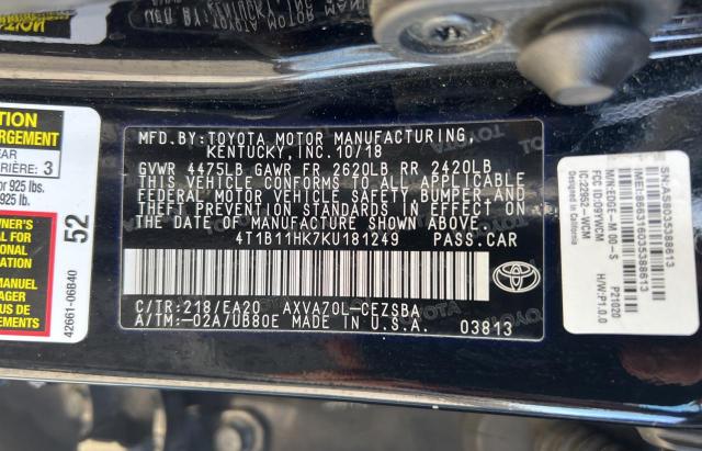 4T1B11HK7KU181249 - 2019 TOYOTA CAMRY L BLACK photo 10