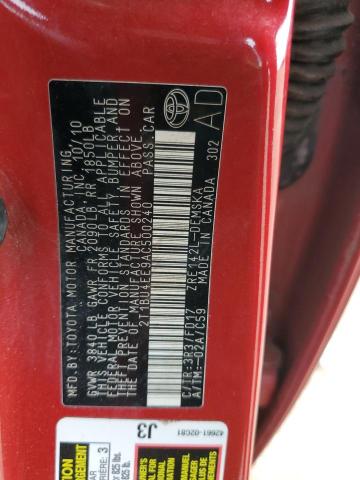 2T1BU4EE9AC500240 - 2010 TOYOTA COROLLA LE BASE RED photo 13