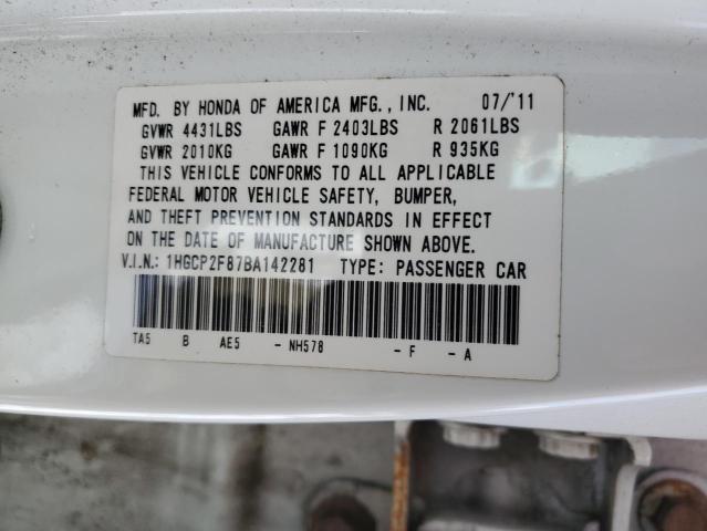 1HGCP2F87BA142281 - 2011 HONDA ACCORD EXL WHITE photo 12