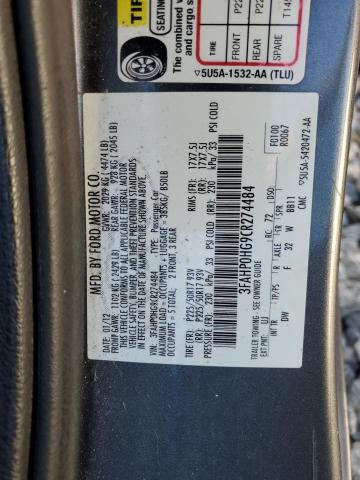 3FAHP0HG9CR274484 - 2012 FORD FUSION SE GRAY photo 12