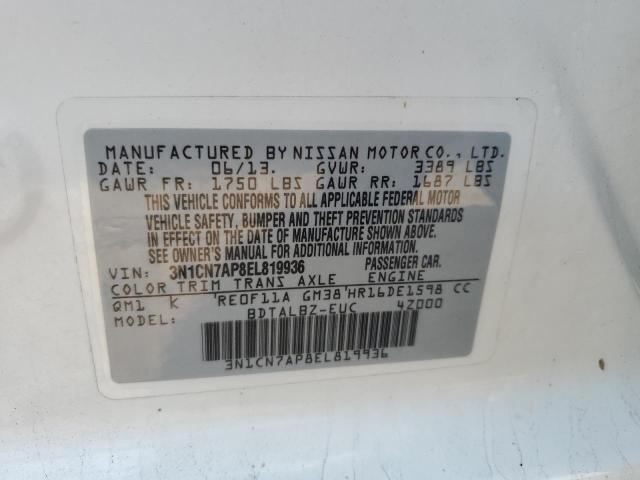 3N1CN7AP8EL819936 - 2014 NISSAN VERSA S WHITE photo 12