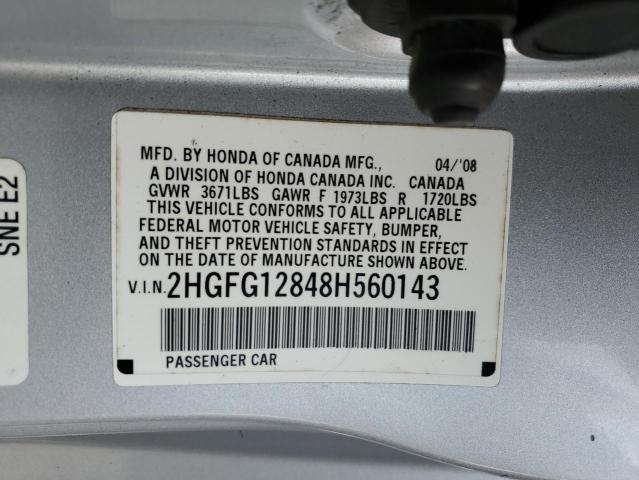 2HGFG12848H560143 - 2008 HONDA CIVIC EX SILVER photo 12