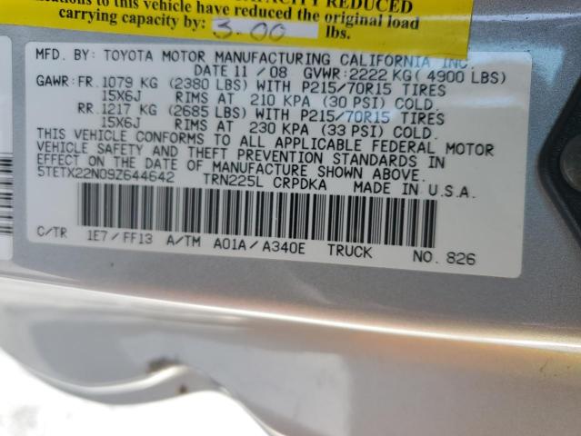 5TETX22N09Z644642 - 2009 TOYOTA TACOMA ACCESS CAB SILVER photo 12