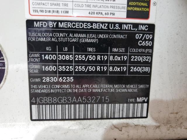 4JGBB8GB3AA532715 - 2010 MERCEDES-BENZ ML 350 4MATIC WHITE photo 13